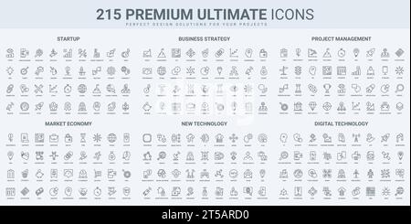 Avvio creativo e gestione dei progetti, mercato ed economia , tecnologia digitale icone a linee nere sottili impostano l'illustrazione vettoriale. Delineare i simboli dell'analisi della strategia aziendale, dell'intelligenza artificiale e dell'apprendimento automatico Illustrazione Vettoriale