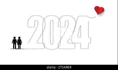 Buon Natale e Capodanno, amore nel nuovo anno 2024. Illustrazione Vettoriale