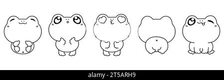 Collezione di Vector Cartoon Frog Coloring Page. Set di profili anfibi isolati Kawaii per adesivi, doccia per bambini, libro da colorare, stampe per vestiti Illustrazione Vettoriale
