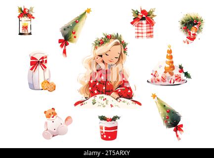 Set di elementi ad acquerello natalizio. Clip natalizia per cartolina di natale, adesivo e stampa. Illustrazione Vettoriale