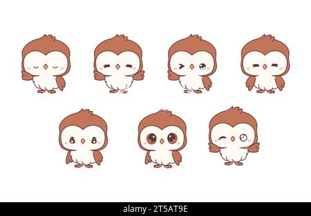 Collezione di Vector Cartoon Owl Art Set di illustrazioni Kawaii Isolated Animal per stampe di abiti, adesivi, Baby Shower, pagine da colorare Illustrazione Vettoriale