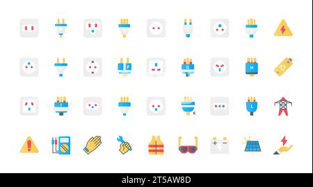 Tipi di prese di corrente elettriche icone piatte per immagini vettoriali. Raccolta di simboli degli standard mondiali per le prese di diversi paesi, gli attrezzi di sicurezza, le apparecchiature di elettricisti e le batterie. Illustrazione Vettoriale