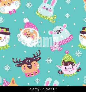 Motivo senza cuciture con elementi natalizi in stile doodle, renne, pan di zenzero, tè e regali. Illustrazione vettoriale. Sfondo invernale. Per salutare Illustrazione Vettoriale
