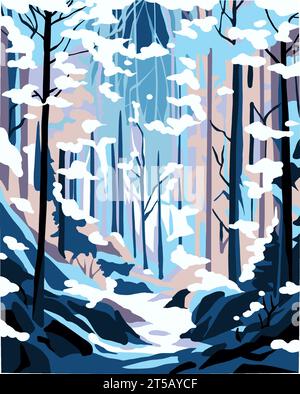 Illustrazione astratta vettoriale di foresta innevata, foresta innevata, foresta innevata, lussureggiante paesaggio forestale invernale, vettoriale, modello piatto, per banner, poster, innevato Illustrazione Vettoriale