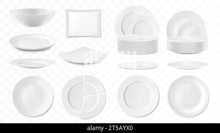 Set di lastre di porcellana bianca vuote di forma e dimensione diverse isolate su sfondo bianco. Icona quadrata, rotonda, ovale, piatti e ciotole per zuppe. Guerra in ceramica Illustrazione Vettoriale
