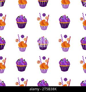 Sfondo di dolci, tra cui caramelle, dolciumi e dolci alla panna. Motivo senza cuciture con cupcake. Per confezionamento di carta, imballaggio, tessuto, W Illustrazione Vettoriale