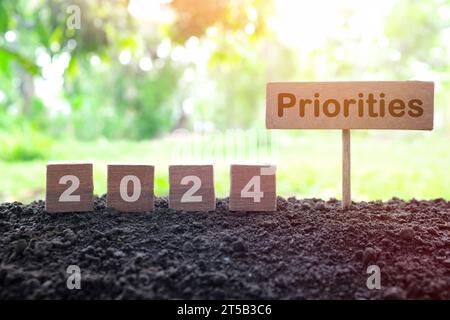 Anno nuovo 2024 obiettivo LIFE, risoluzione e nuovo concetto di priorità. Blocchi di legno su sfondo naturale all'alba del mattino. Foto Stock
