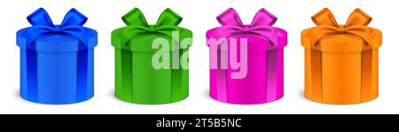 Set vettoriale Giftbox colorato. Scatole regalo a forma rotonda con nastri di colore blu, verde, rosa e arancione, isolate sullo sfondo. Illustrazione Vettoriale