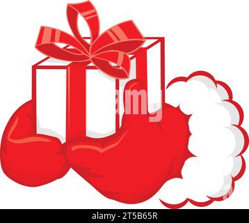 Babbo Natale mani nei guanti rossi che contengono una confezione regalo con fiocco rosso. Modello vettoriale natalizio su sfondo trasparente Illustrazione Vettoriale