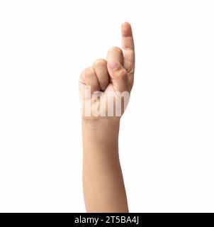Primo piano della mano del bambino che mostra l'indice su con sfondo bianco Foto Stock
