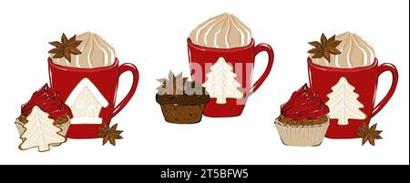 Set di bevanda calda di Natale, tazza da caffè, biscotti al pan di zenzero, cupcake e spezie. Drink natalizio, illustrazione disegnata a mano isolata su sfondo bianco. D Foto Stock