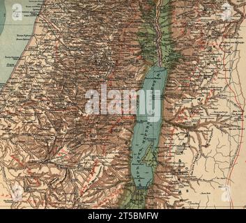 Una mappa d'epoca dettagliata di parte della Palestina. Mar morto, Gerusalemme. Aree, nomi di città e insediamenti, anche in arabo (rosso), 1910 carta geografica generale (fisica) Foto Stock