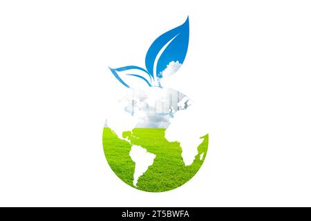 Concetto di pianeta verde terra, icona, ecologia mondiale, protezione globale natura, logo ambiente ecologico, globo con lamelle, linea sottile semplice simbolo web su bianco. Foto Stock