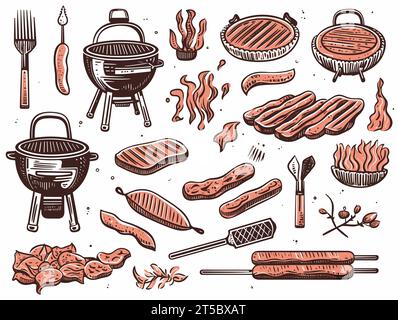 Disegno del set BBQ. Illustrazione delle icone della griglia per barbecue, linee separate e sovrapposte. Illustrazione Vettoriale