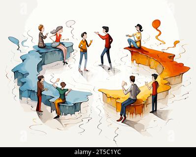 Disegno di personaggi dei cartoni animati che illustrano la vista dall'alto separati, sweep linee sovradisegnate. Illustrazione Vettoriale