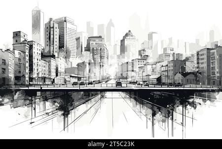 Disegno della città grafica in bianco e nero illustrazione di un paesaggio urbano separata, linee sovrapposte. Illustrazione Vettoriale