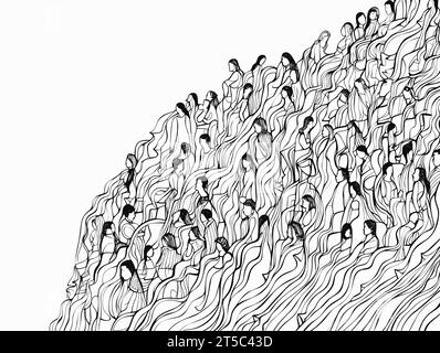 Disegno di linee continue disegno di una folla diversificata, con linee sovrapposte separate. Illustrazione Vettoriale