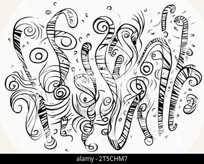 Disegno del punto interrogativo e del punto esclamativo. illustrazione di doodle separata, con sweep sulle linee sovradisegnate. Illustrazione Vettoriale