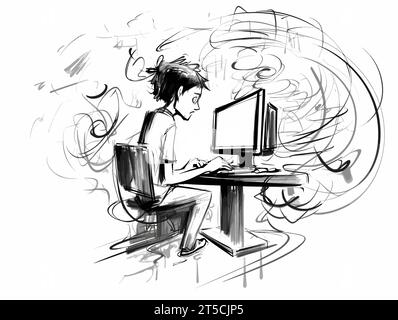 Drawing of Student è un gioco su un pc desktop illustrazione separata e con linee sovrapposte. Illustrazione Vettoriale