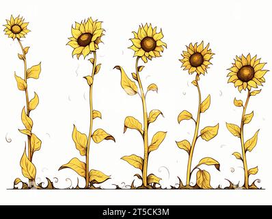 Disegno dei girasoli - illustrazione fasi di crescita separate, linee sovradisegnate. Illustrazione Vettoriale