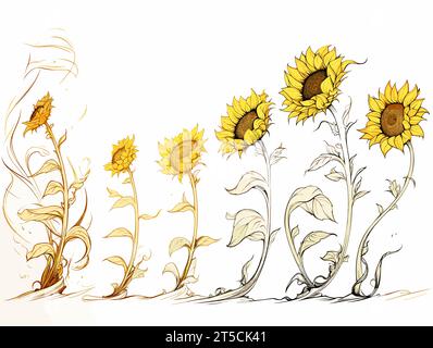 Disegno dei girasoli - illustrazione fasi di crescita separate, linee sovradisegnate. Illustrazione Vettoriale