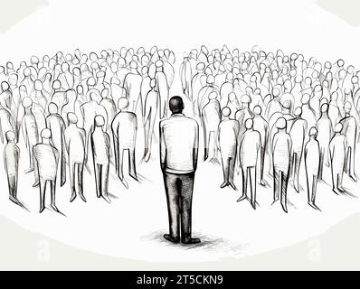 Disegno di un uomo unico che si distingue dalla folla dell'uomo normale illustrazione separata e linee estese sovradisegnate. Illustrazione Vettoriale