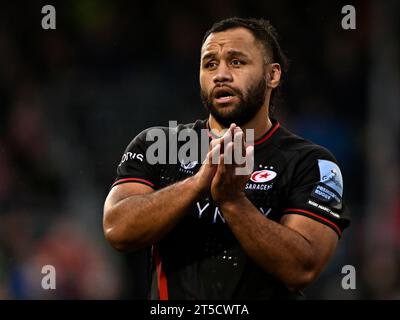 Barnet, Regno Unito. 4 novembre 2023. Premiership Rugby. Saracens Men V Leicester Tigers. Stadio Stone X. Barnet. Billy Vunipola (Saracens) durante la partita di rugby Saracens Men V Leicester Tigers Gallagher Premiership. Credito: Sport in Pictures/Alamy Live News Foto Stock