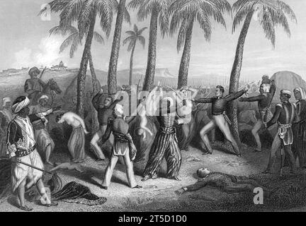 Indian Mutiny, 1857. Il massacro degli ufficiali inglesi e delle loro mogli a Jhansi, incisione, 1859 Foto Stock