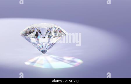 Un diamante brillante trasparente posizionato su sfondo blu lucido rendering 3d. Foto Stock