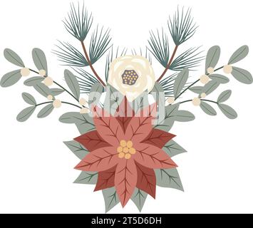Composizione floreale natalizia invernale con pancetta e bacche rosse. Biglietto d'invito Design for Holidays, poster, banner, biglietti d'auguri, cartolina. VECTO Illustrazione Vettoriale
