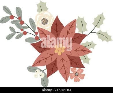 Composizione floreale natalizia invernale con pancetta e bacche rosse. Biglietto d'invito Design for Holidays, poster, banner, biglietti d'auguri, cartolina. VECTO Illustrazione Vettoriale