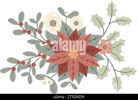 Composizione floreale natalizia invernale con pancetta e bacche rosse. Biglietto d'invito Design for Holidays, poster, banner, biglietti d'auguri, cartolina. VECTO Illustrazione Vettoriale