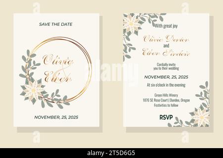 Splendido modello di biglietto d'invito per nozze con corona a fiori. Decorazioni nuziali. Poster floreale, invito. Biglietto d'auguri decorativo o invito desi Illustrazione Vettoriale