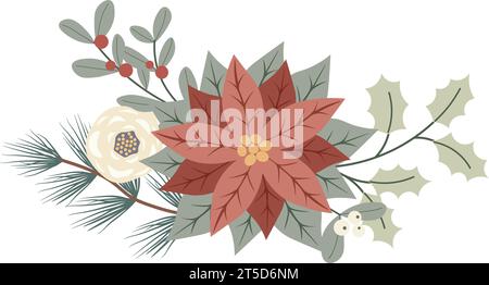 Composizione floreale natalizia invernale con pancetta e bacche rosse. Biglietto d'invito Design for Holidays, poster, banner, biglietti d'auguri, cartolina. VECTO Illustrazione Vettoriale