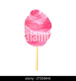 Caramelle di cotone rosa su un bastoncino. Dolci nuvole di zucchero dolciario color pastello. Illustrazione acquerello per scheda compleanno, design. Design del packaging Foto Stock