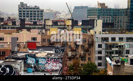 Vista ad alto angolo degli appartamenti e dei graffiti a Williamsburg, Brooklyn, New York City Foto Stock