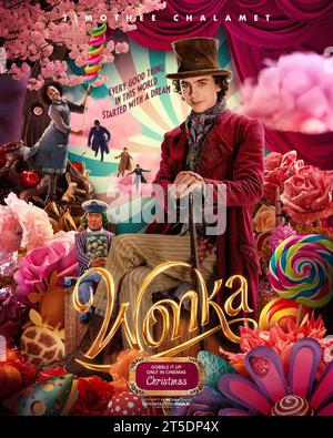 DATA DI USCITA: 15 dicembre 2023. TITOLO: Wonka. STUDIO: Warner Bros. DIRETTORE: Paul King. TRAMA: La storia si concentrerà specificamente su un giovane Willy Wonka e su come ha incontrato gli Oompa-Loompas in una delle sue prime avventure. PROTAGONISTA: TIMOTHEE CHALAMET nel ruolo di Willy Wonka poster Art. (Immagine di credito: © Warner Bros/Entertainment Pictures/ZUMAPRESS.com) SOLO PER USO EDITORIALE! Non per USO commerciale! Foto Stock