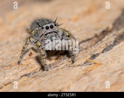 Splendido ragno di Phidippus mystaceus che salta sopra il legno, guardando in alto Foto Stock