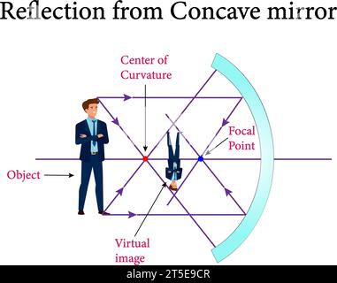 Il riflesso da specchi convessi e concavi, riflessi e specchi sferici, ottiche.illustrazione vettoriale. Illustrazione Vettoriale