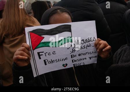 Londra, Regno Unito. 4 novembre 2023. Una bambina tiene un cartello di protesta a Trafalgar Square, dove migliaia di persone si sono riunite per chiedere un cessate il fuoco a Gaza. La protesta segue l'ultimo scoppio di violenza tra Hamas e Israele. Crediti: Kiki Streitberger/Alamy Live News Foto Stock