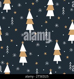 Motivo senza cuciture dell'albero di Natale. Sfondo invernale con alberi, fiocchi di neve e stelle. Illustrazione vettoriale. Illustrazione Vettoriale