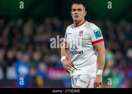 Galway, Irlanda. 5 novembre 2023. James Hume dell'Ulster durante lo United Rugby Championship Round 3 match tra Connacht Rugby e Ulster Rugby allo Sportsground di Galway, Irlanda, il 4 novembre 2023 (foto di Andrew SURMA/ Credit: SIPA USA/Alamy Live News Foto Stock