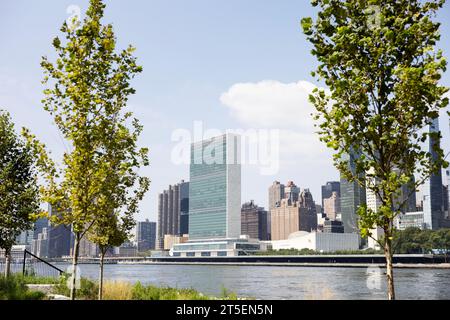 La vista dell'edificio del quartier generale delle Nazioni Unite sull'East River a New York City da Roosevelt Island. Foto Stock