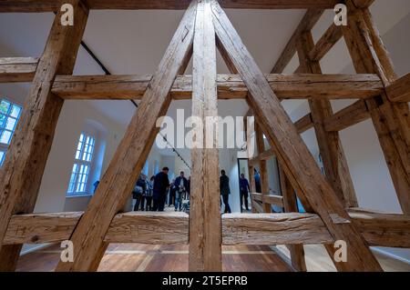 PRODUZIONE - 3 novembre 2023, Sassonia, Plauen: Gli ospiti in un tour in anteprima camminano attraverso la casa Weisbach a Plauen, che è stata ora convertita e ristrutturata in un museo. Come "fabbrica di fili", il nuovo complesso museale in uno dei più antichi e primi edifici manifatturieri della Sassonia apre le sue porte ai visitatori il 12 novembre. Tessuti, ricami e soprattutto il più importante successo di esportazione della città, il "pizzo Plauen", saranno al centro della mostra. Installazioni luminose con fili, pizzi e ricami caratterizzano la mostra. Le storiche macchine da ricamo mostrano il develo meccanico Foto Stock