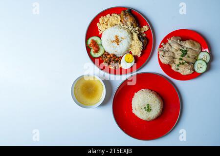 Nasi Lemak e Nasi Hainan su sfondo bianco isolato. Un set di piatti malesi. Foto Stock