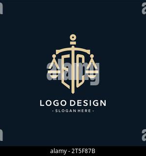 Logo iniziale EC con scala di giustizia e icona dello scudo, stile lussuoso ed elegante del logo dello studio legale Illustrazione Vettoriale