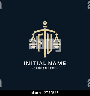 Logo iniziale FU con scala di giustizia e icona scudo, stile elegante e lussuoso logo dello studio legale Illustrazione Vettoriale