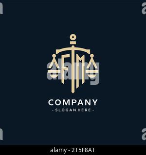 Logo iniziale FM con scala di icone di giustizia e scudo, stile elegante e lussuoso logo dello studio legale Illustrazione Vettoriale