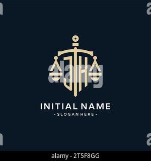 Logo iniziale JH con scala di giustizia e icona dello scudo, stile lussuoso ed elegante logo dello studio legale Illustrazione Vettoriale