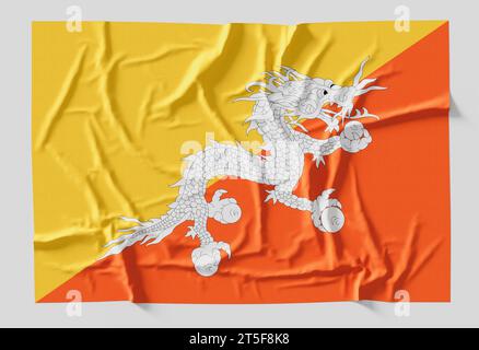 Bandiera del Bhutan. Bandiera bhutana con struttura in tessuto isolata su sfondo bianco. Illustrazione 3D. Foto Stock